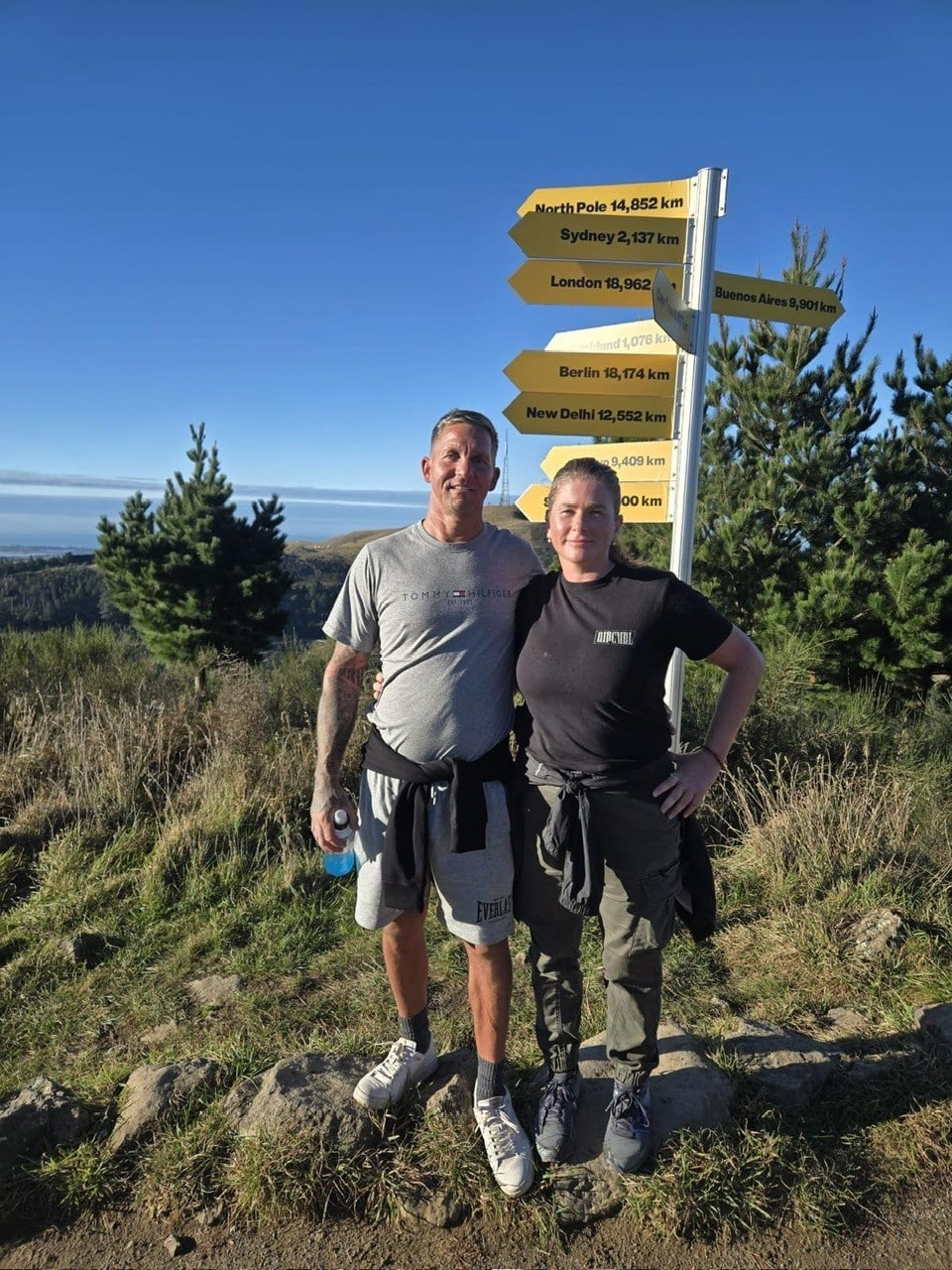 Photo of a couple dressed casually in shorts and t-shirts, walking together past international signposts pointing to destinations around the world. Smiling and relaxed, they are embracing their new lifestyle and career opportunities in New Zealand.